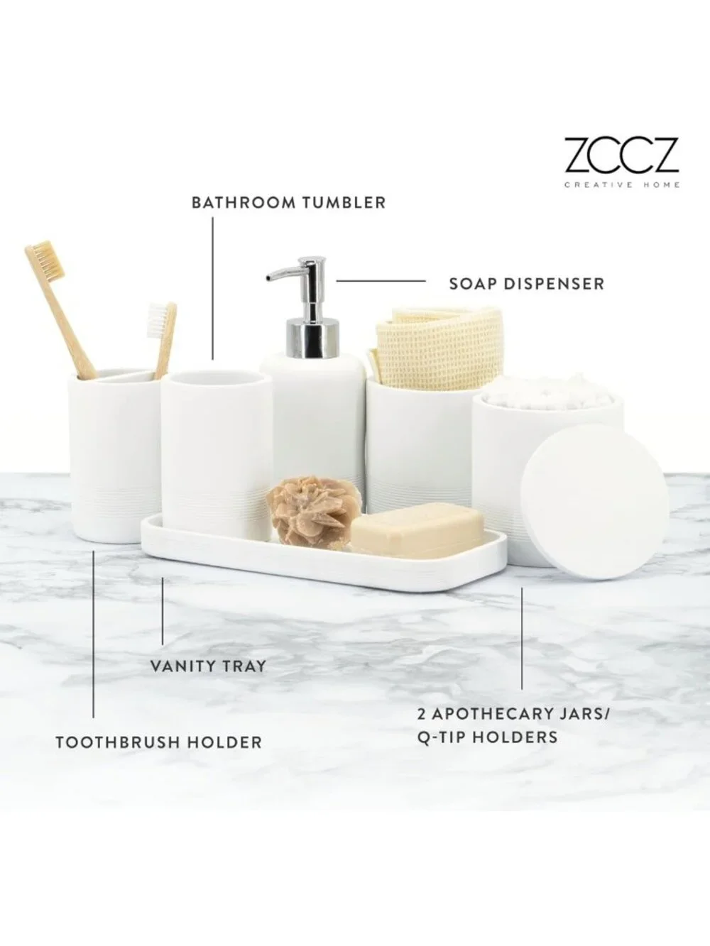 Elegant 6-Piece White Bathroom Accessories Set - Organizer with Toothbrush